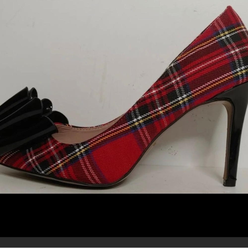 Betsy Johnson red plaid bow heels 7 NEW